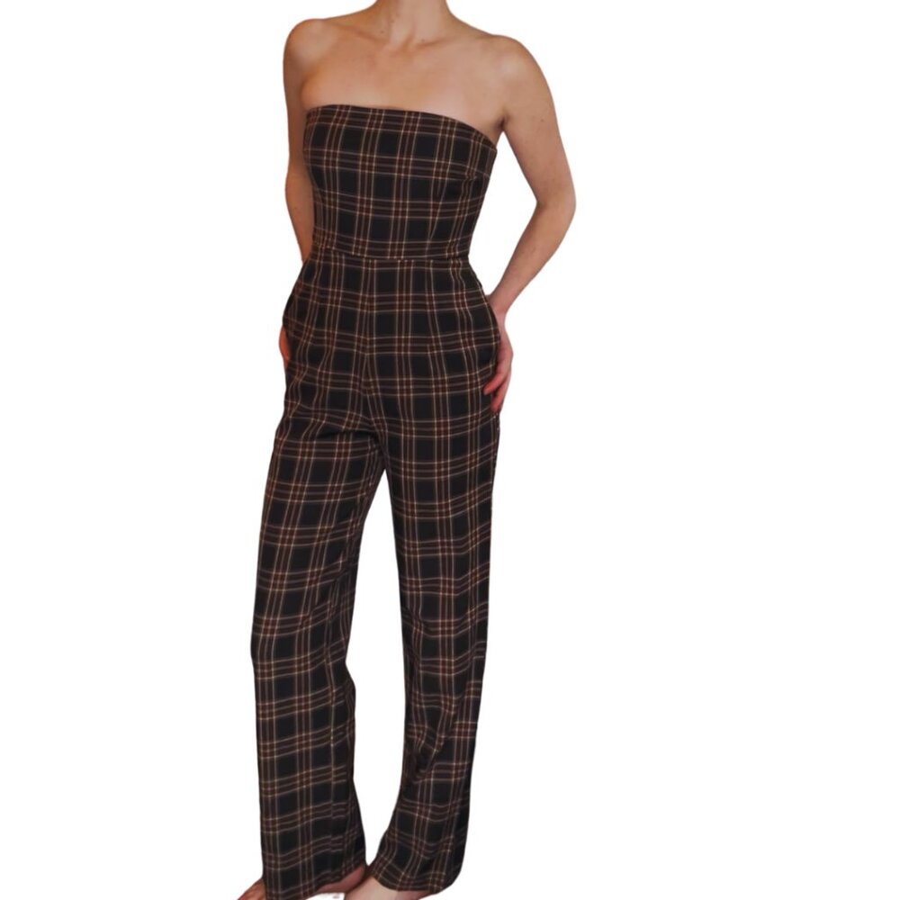 Lulus Sophisticated Mood Black Plaid Strapless Straight Leg Jumpsuit - Size XS